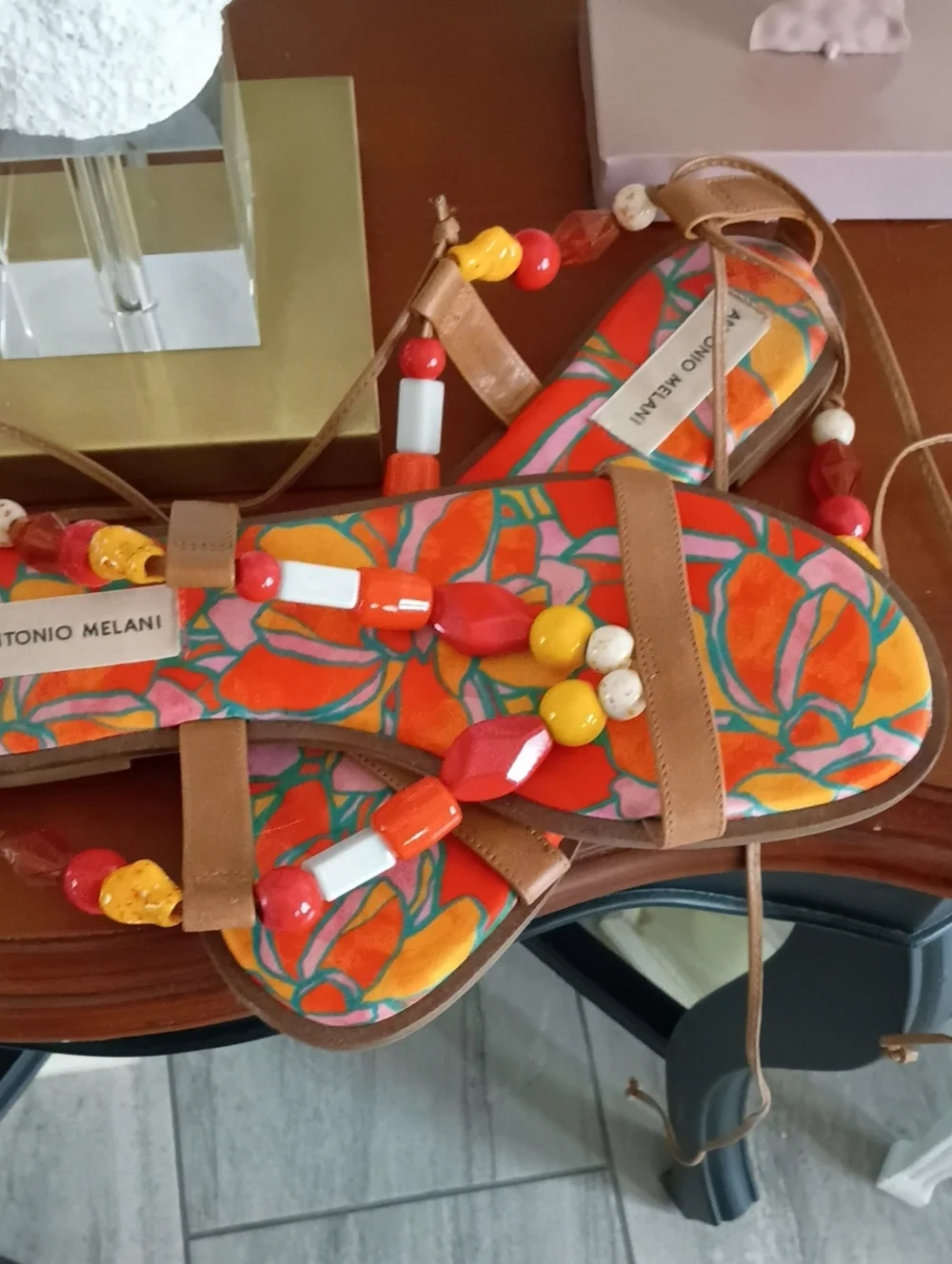 ANTONIO MELANI Orange Multi Beaded Strappy Sandals